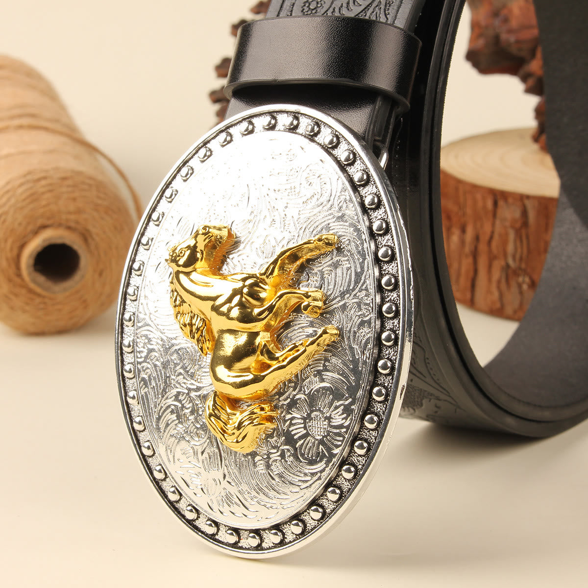 Men's Golden Horse Silver Oval Buckle Embossed Leather Belt