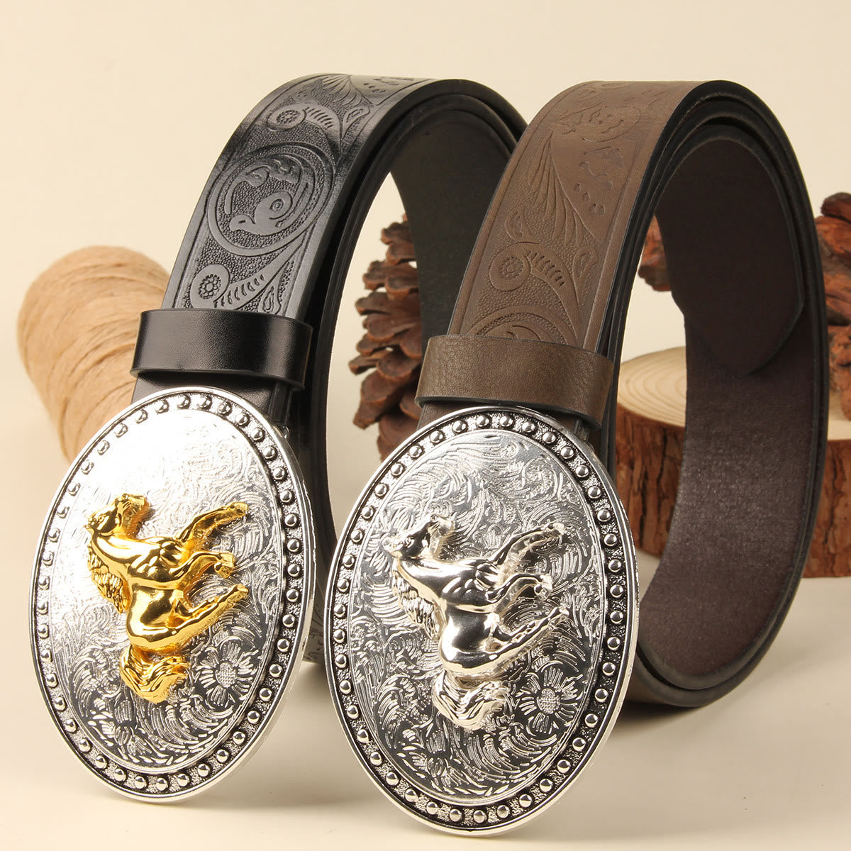 Men's Golden Horse Silver Oval Buckle Embossed Leather Belt