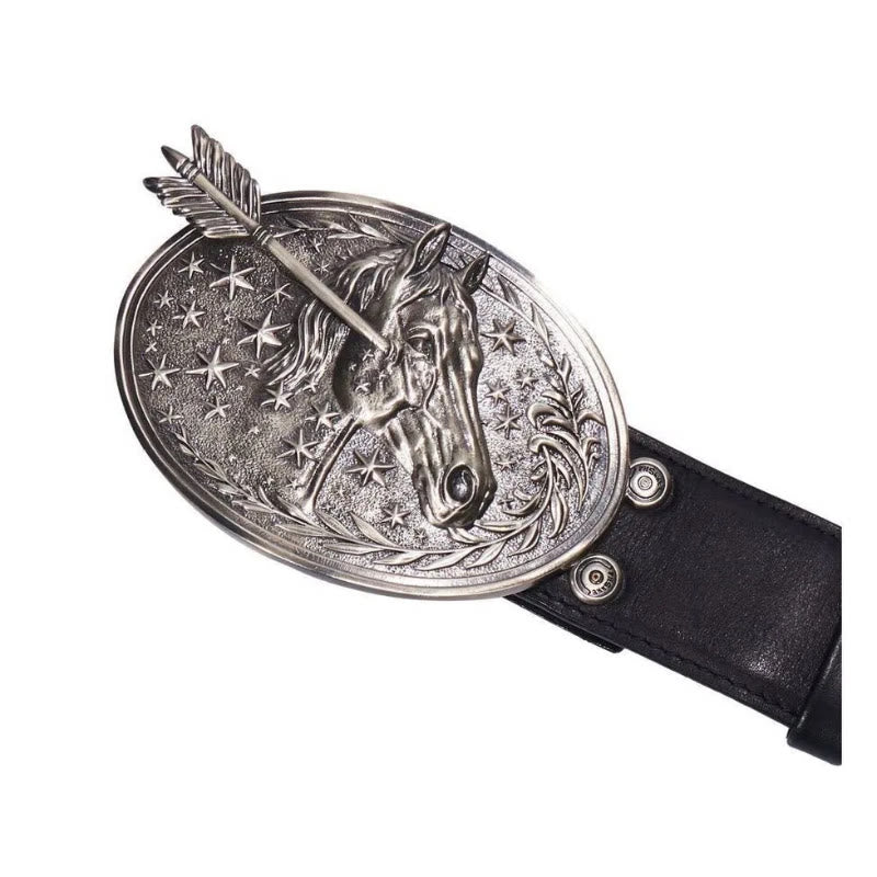 Men's Silver Horsehead Arrow Stars Buckle Black Leather Belt