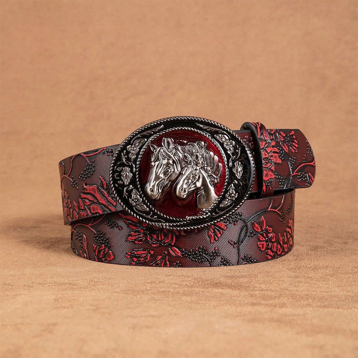 Women's Black And Red Double Horsehead Buckle Floral Belt