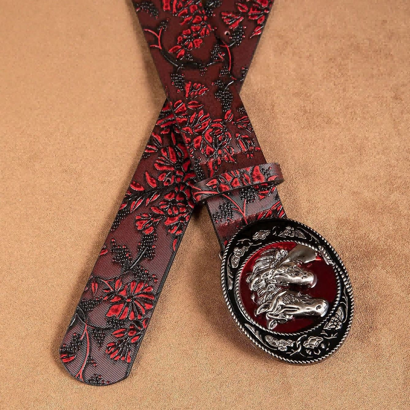 Women's Black And Red Double Horsehead Buckle Floral Belt