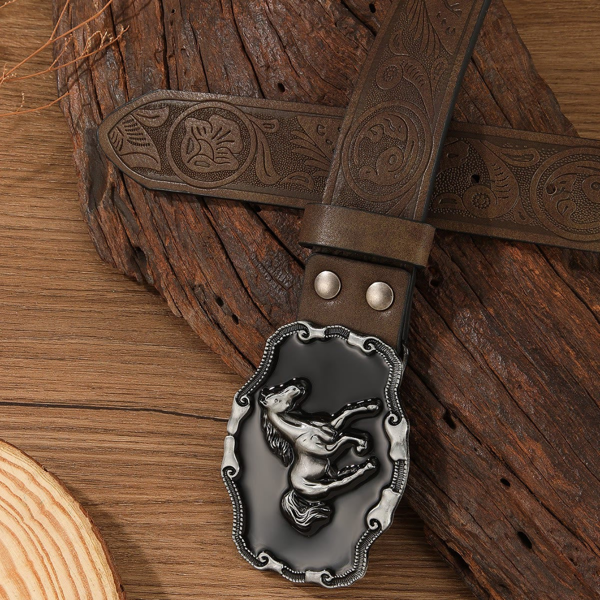 Retro Horse Embellished Buckle Patterned Multi Color Holeless Leather Belt
