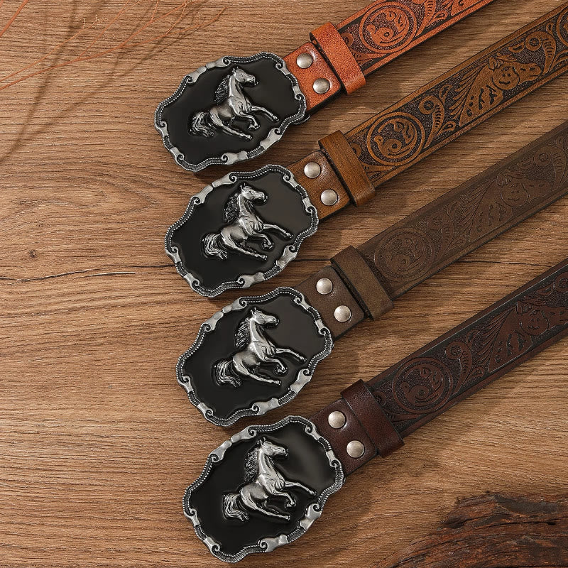 Retro Horse Embellished Buckle Patterned Multi Color Holeless Leather Belt