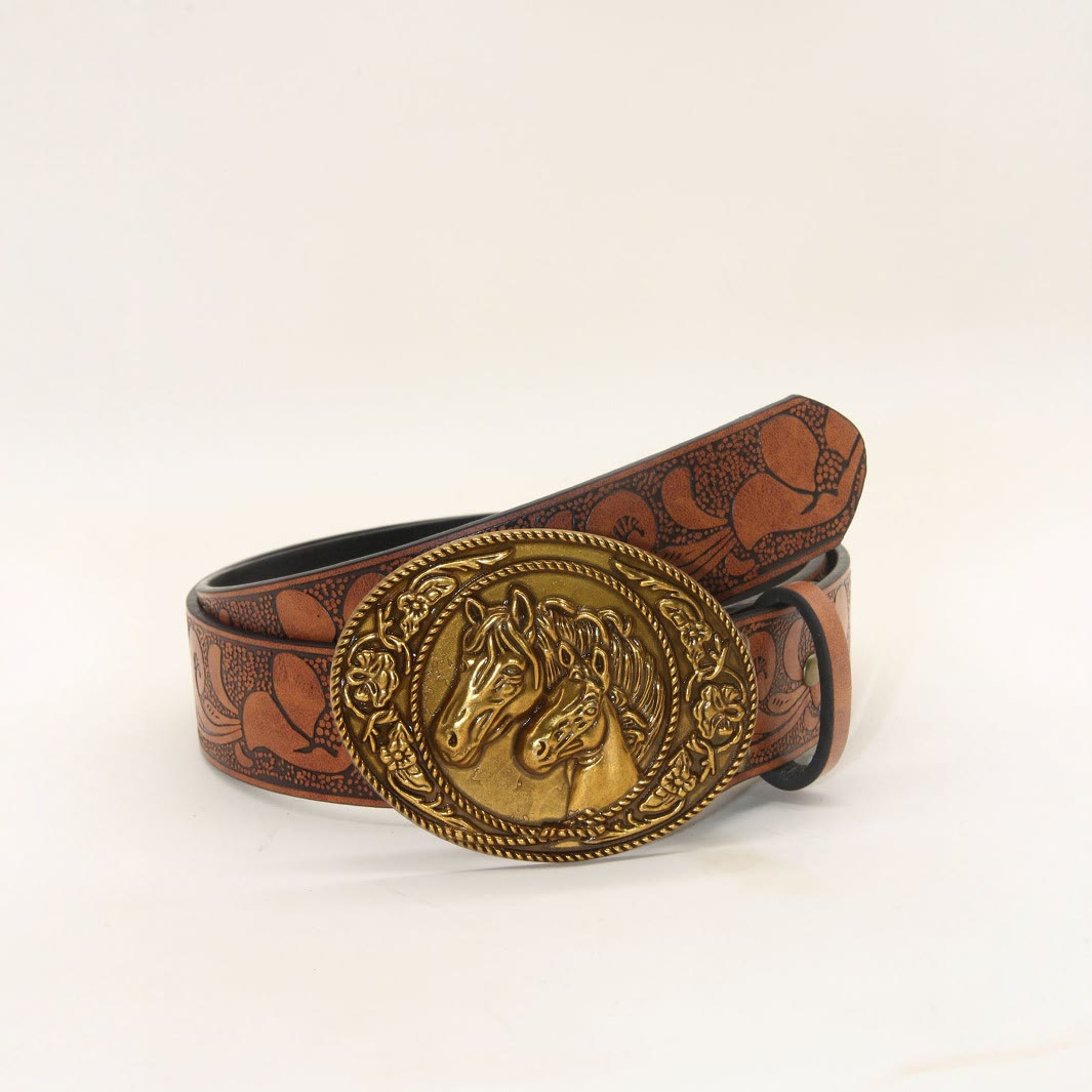 Men's Western Style Double Horsehead Buckle Embossed Leather Belt