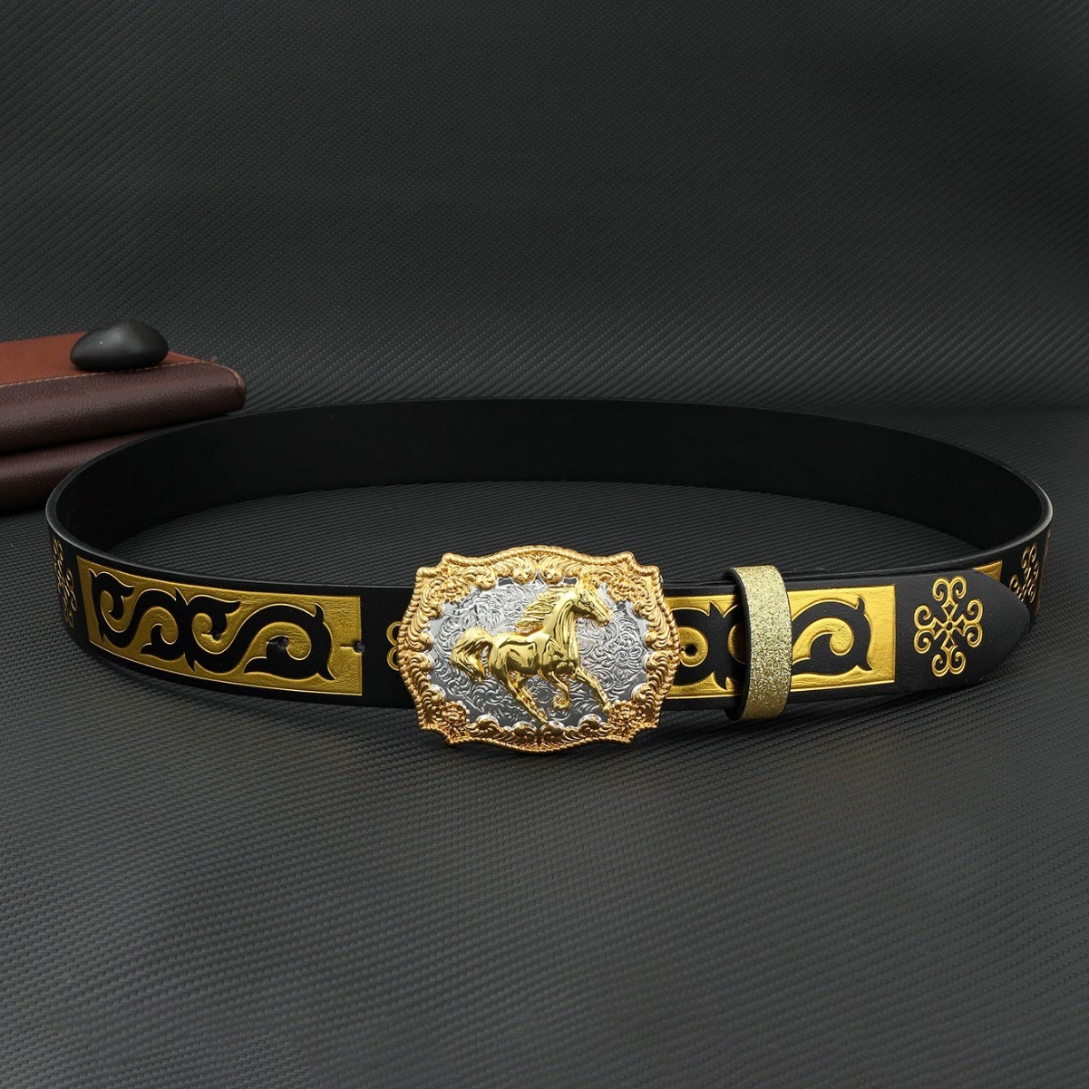 Men's Golden Horse Carving Buckle Black & Gold Embossed Belt