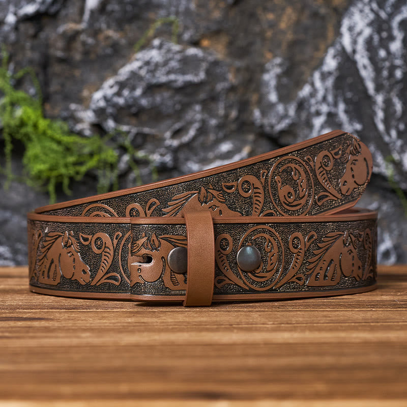 Western Horse-Patterned DIY Leather Belt Strap Without Belt Buckle