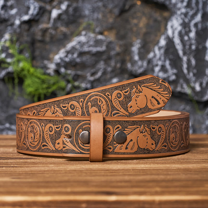 Western Horse-Patterned DIY Leather Belt Strap Without Belt Buckle