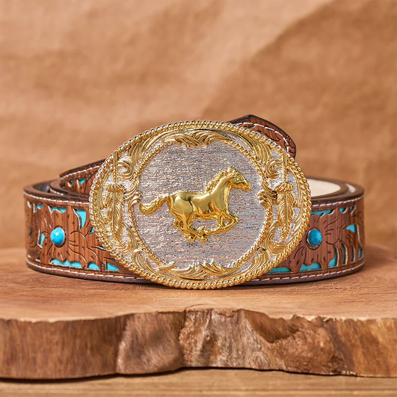 Men's Golden Galloping Horse Oval Buckle Leather Belt