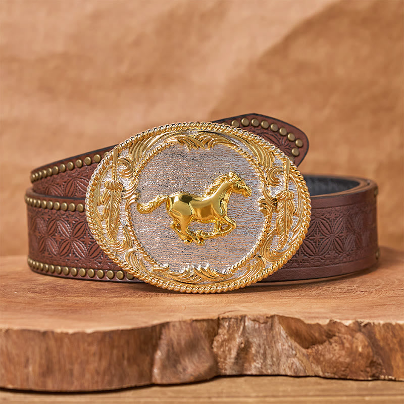Men's Golden Galloping Horse Oval Buckle Leather Belt