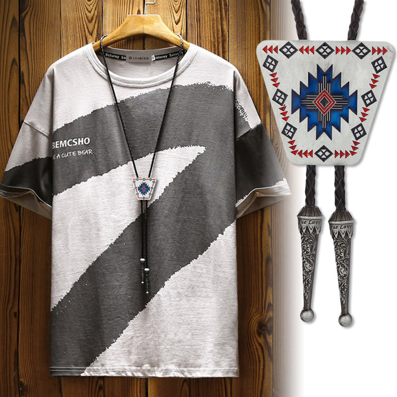 Southwestern Geometric Pattern Triangle Metal Frame Bolo Tie