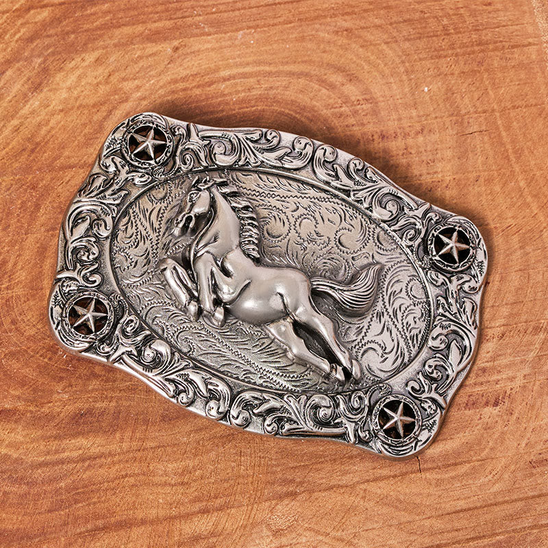 Men's Silver Galloping Horse & Stars Buckle Leather Belt