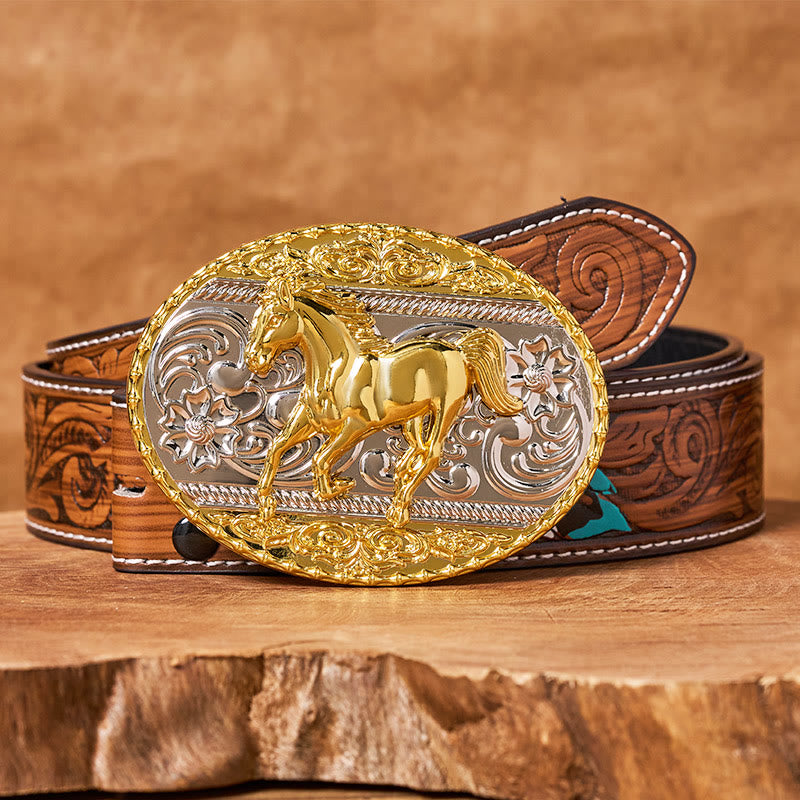 Men's Gold & Silver Galloping Horse Oval Buckle Leather Belt