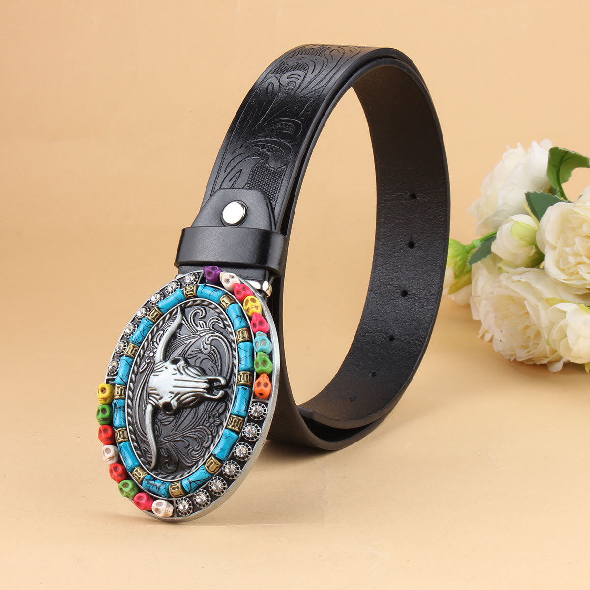 Western Bohemian Beaded Turquoise Bullhead Buckle Embossed Leather Belt