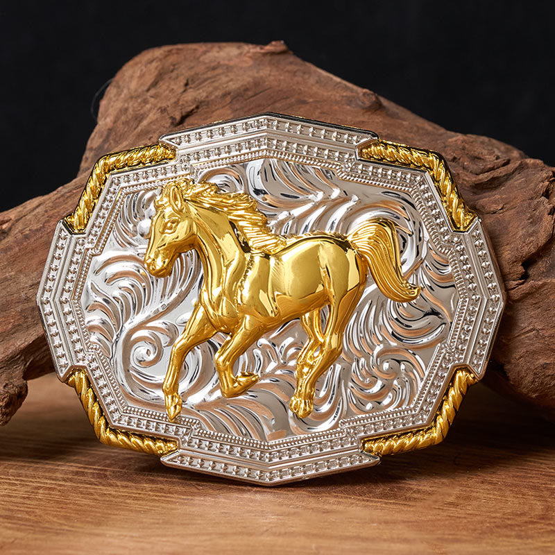 Men's Western Gold And Silver Relief Galloping Horse Buckle Leather Belt