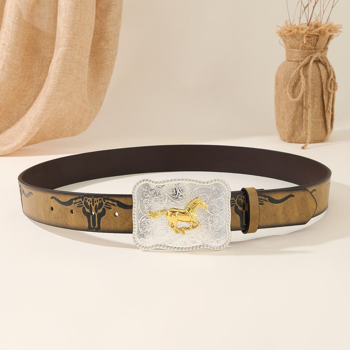 Western Golden Running Horse Silver Buckle Bullhead Embossed Belt