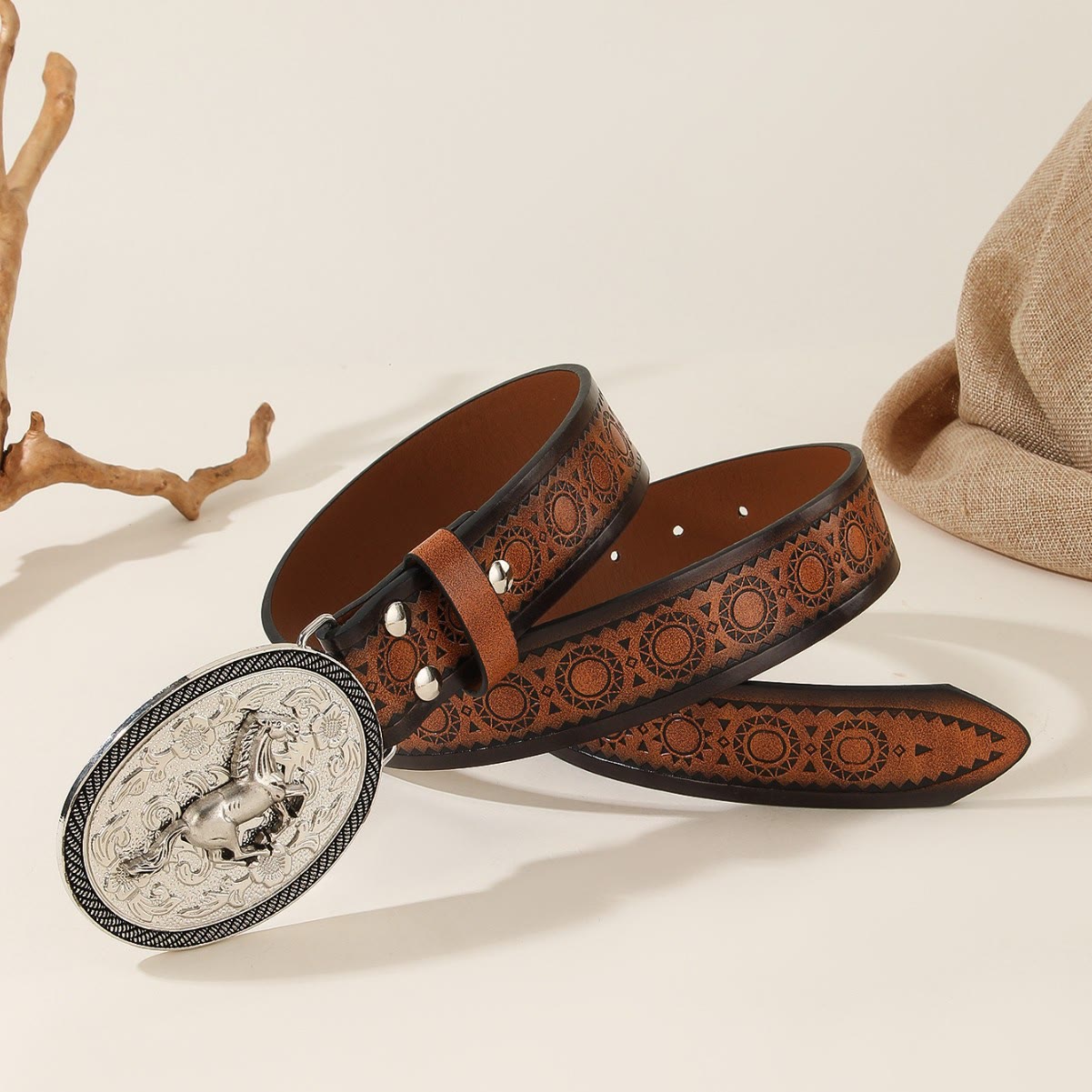 Men's Running Horse Silver Oval Buckle Embossed Leather Belt