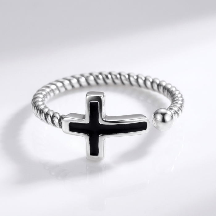 BLESSED BLACK CROSS RING - (ADJUSTABLE)