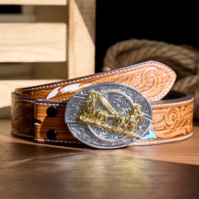 Western Horse Carriage DIY Hidden Folding Knife Gold Buckle Leather Belt