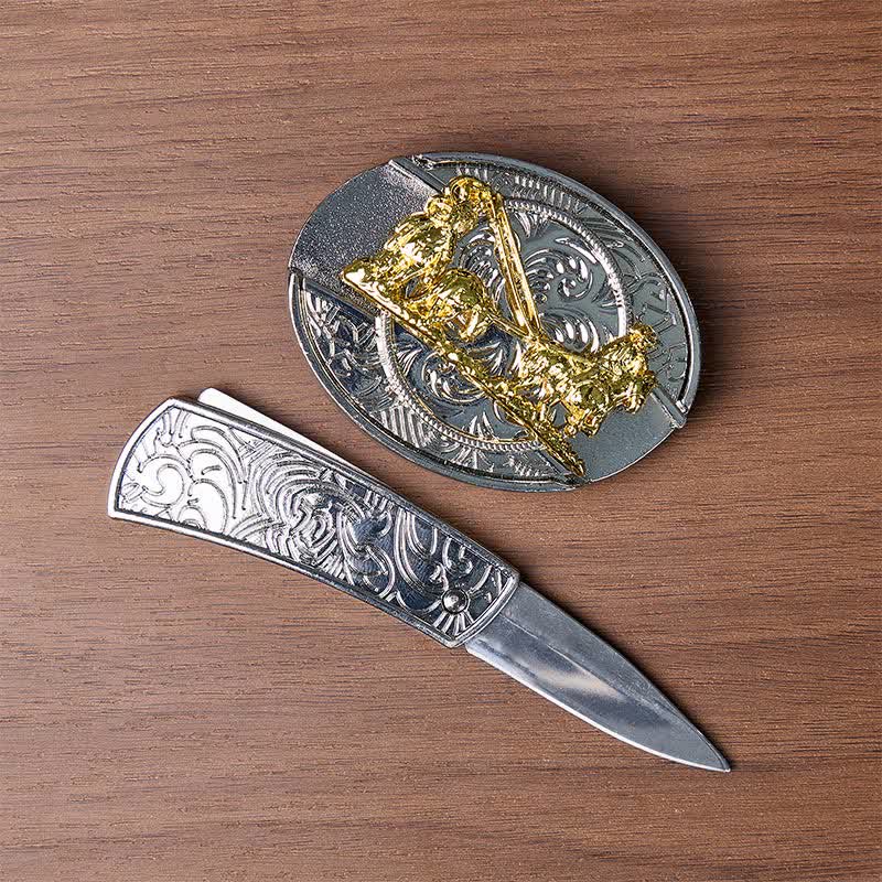 Western Horse Carriage DIY Hidden Folding Knife Gold Buckle Leather Belt