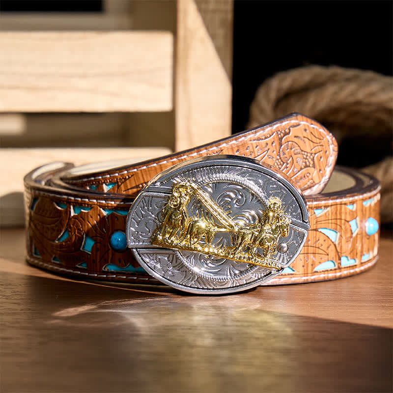 Western Horse Carriage DIY Hidden Folding Knife Gold Buckle Leather Belt