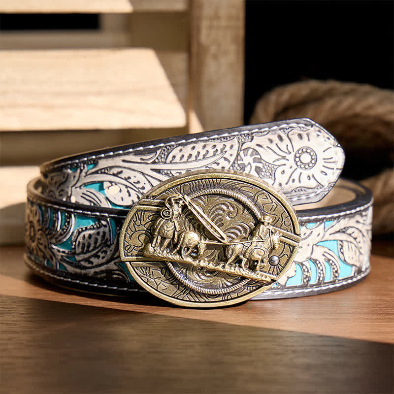 Bronze Horse Carriage DIY Hidden Folding Knife Western Buckle Leather Belt