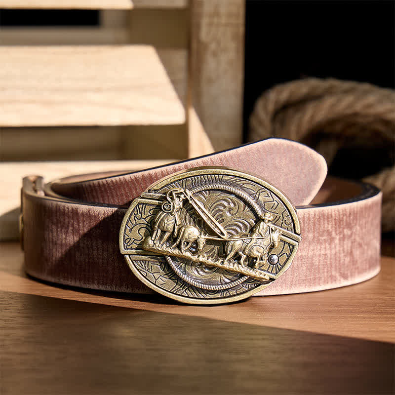 Bronze Horse Carriage DIY Hidden Folding Knife Western Buckle Leather Belt
