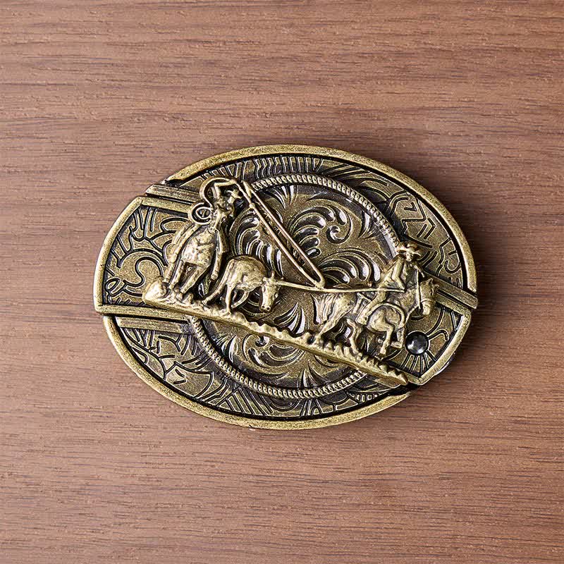Bronze Horse Carriage DIY Hidden Folding Knife Western Buckle Leather Belt