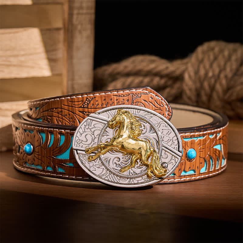 Silver & Gold Galloping Horse DIY Hidden Folding Knife Buckle Leather Belt