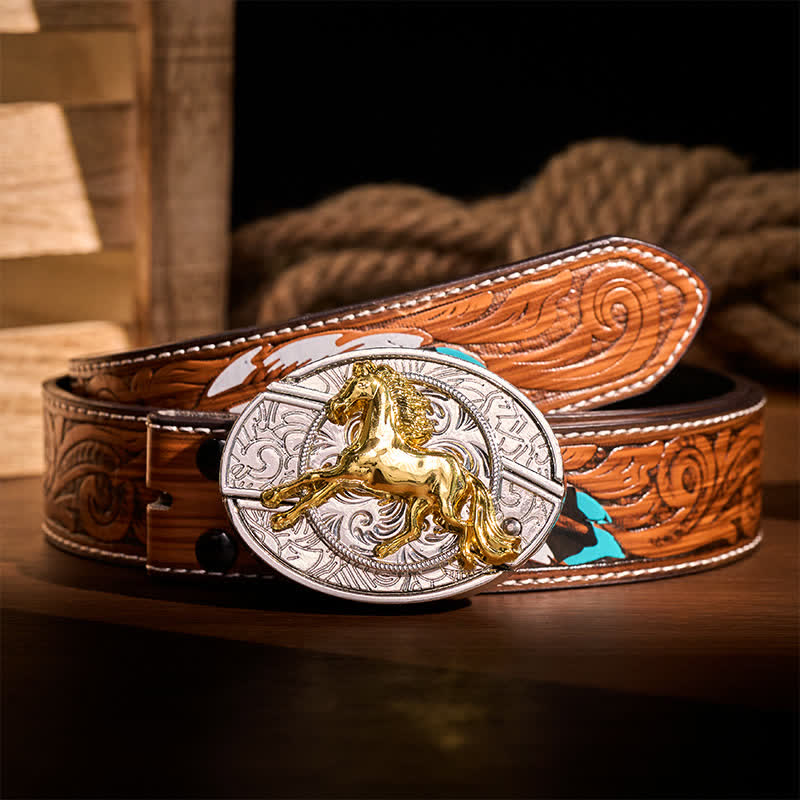 Silver & Gold Galloping Horse DIY Hidden Folding Knife Buckle Leather Belt