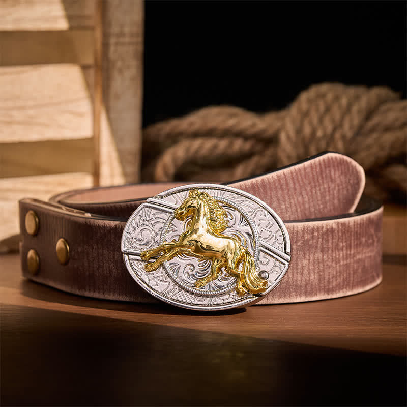 Silver & Gold Galloping Horse DIY Hidden Folding Knife Buckle Leather Belt
