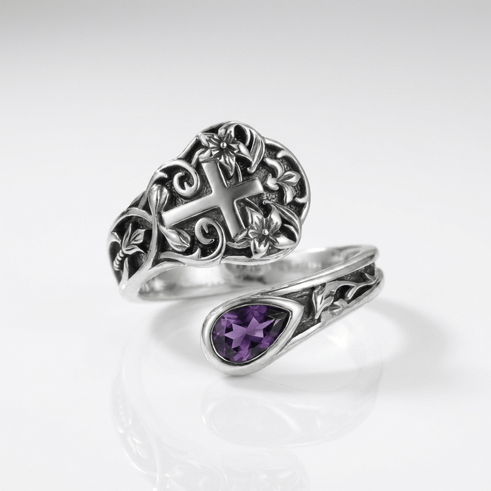 PURPLE GRACE CROSS FLORAL RING - (ADJUSTABLE)