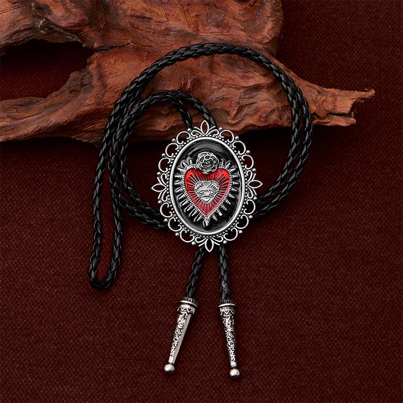 Vintage Floral Oval Sacred Heart Eye Rose Bolo Tie