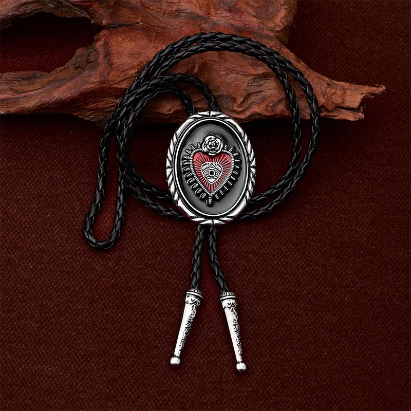 Twisted Border Oval Sacred Heart All Seeing Eye Rose Bolo Tie