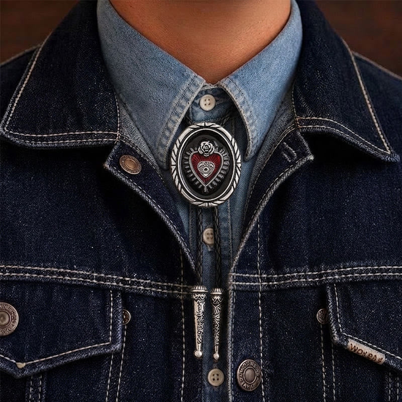 Twisted Border Oval Sacred Heart All Seeing Eye Rose Bolo Tie