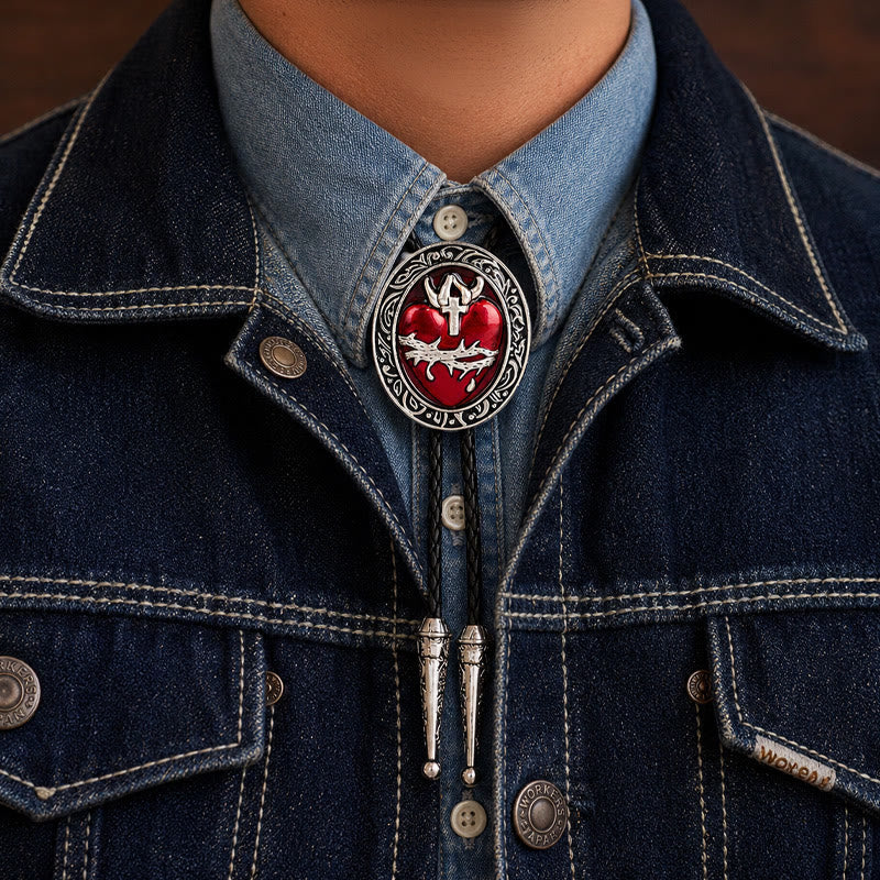 Crown Of Thorns Bleeding Heart Oval Enameled Bolo Tie