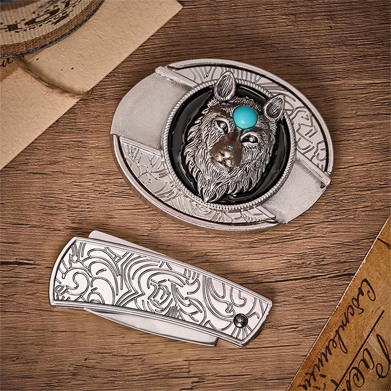 Turquoise Wolf DIY Hidden Folding Knife Buckle Leather Belt