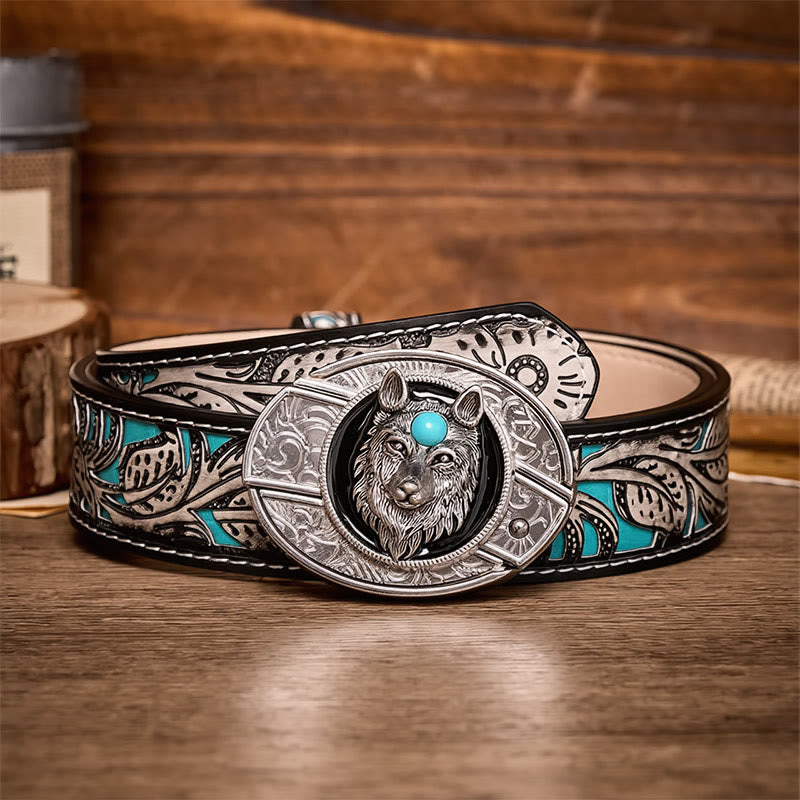 Turquoise Wolf DIY Hidden Folding Knife Buckle Leather Belt