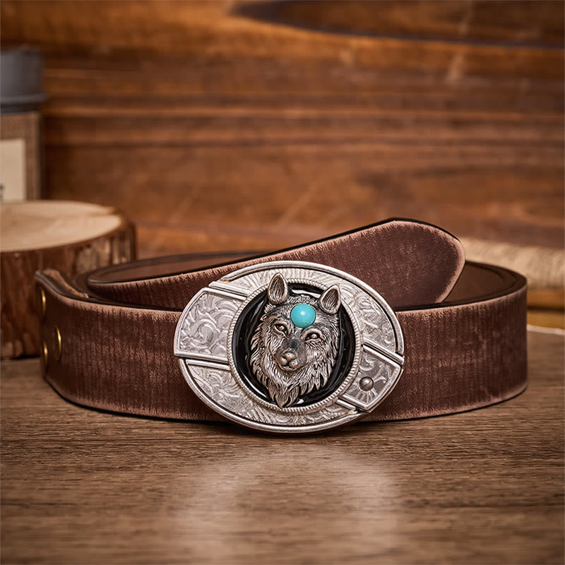 Turquoise Wolf DIY Hidden Folding Knife Buckle Leather Belt