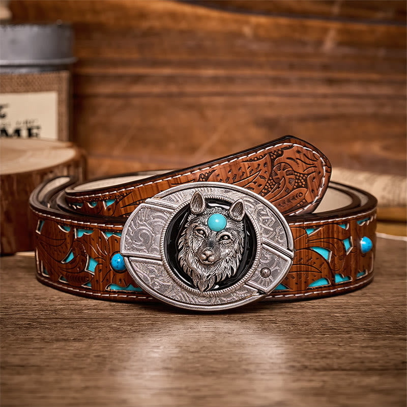 Turquoise Wolf DIY Hidden Folding Knife Buckle Leather Belt