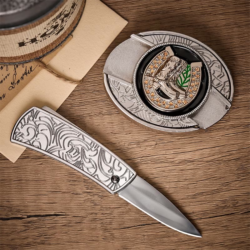 Boots & Horseshoe DIY Hidden Folding Knife Buckle Leather Belt