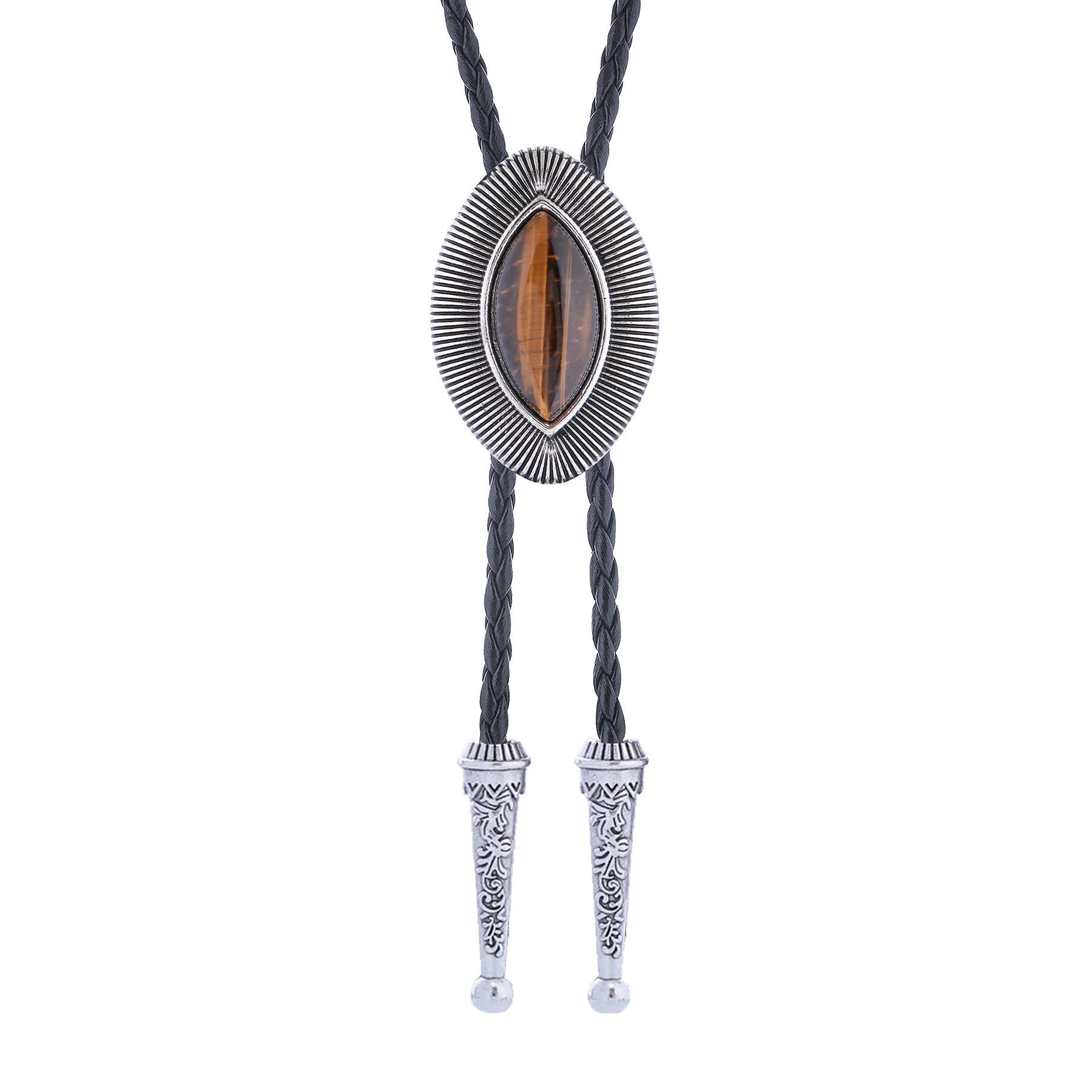 Vintage Antique Twisted Border Oval Cat Eye Stone Bolo Tie