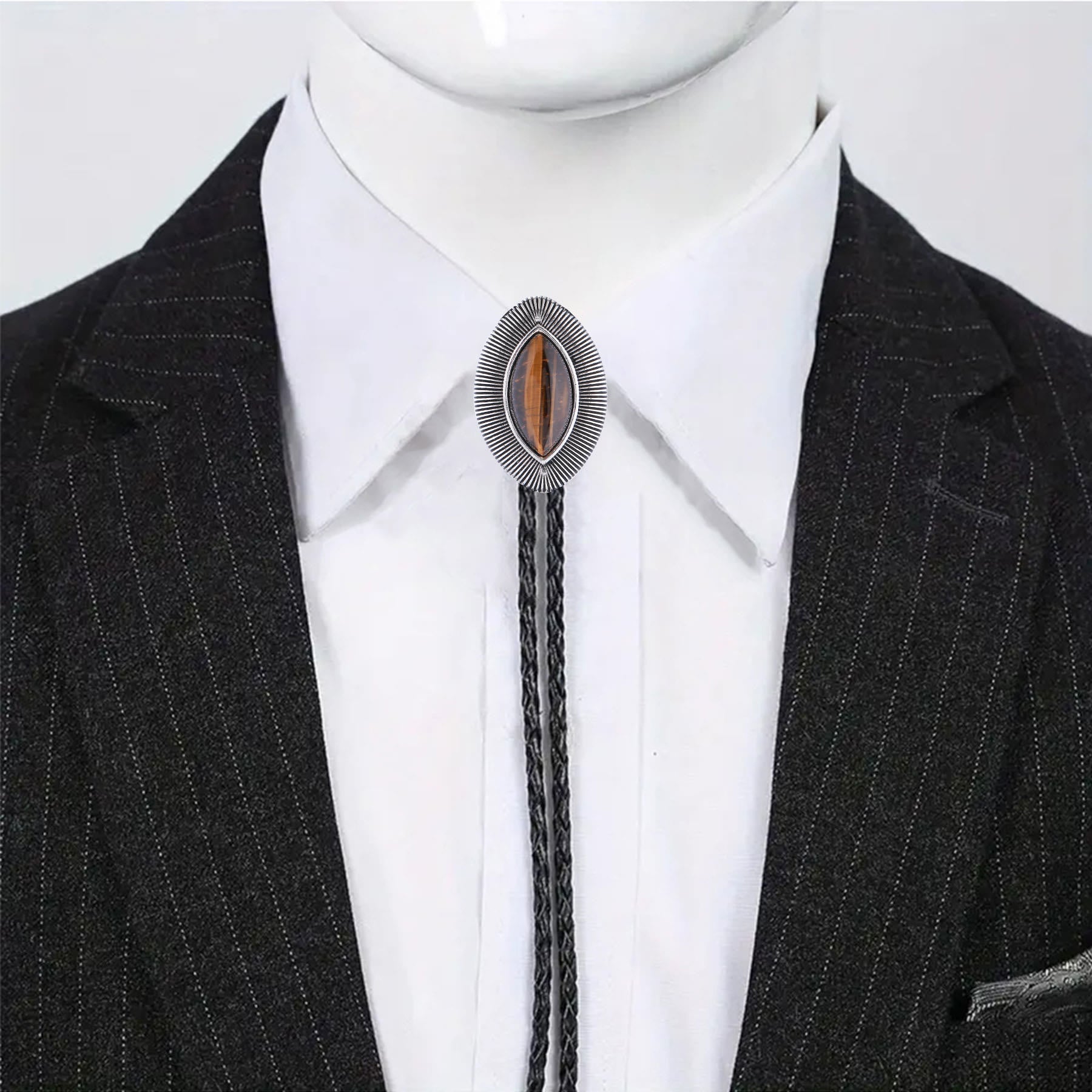 Vintage Antique Twisted Border Oval Cat Eye Stone Bolo Tie