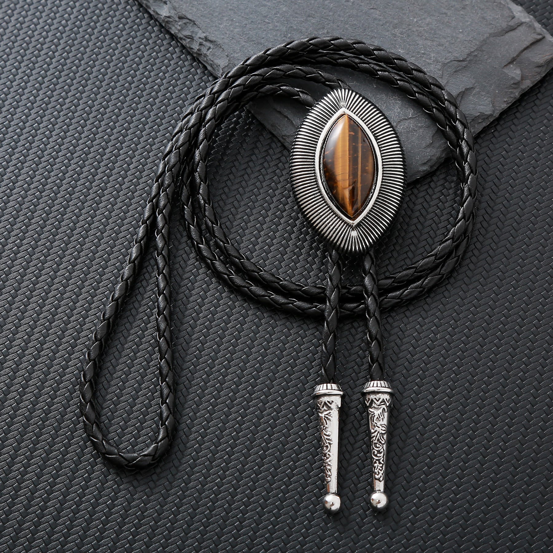 Vintage Antique Twisted Border Oval Cat Eye Stone Bolo Tie