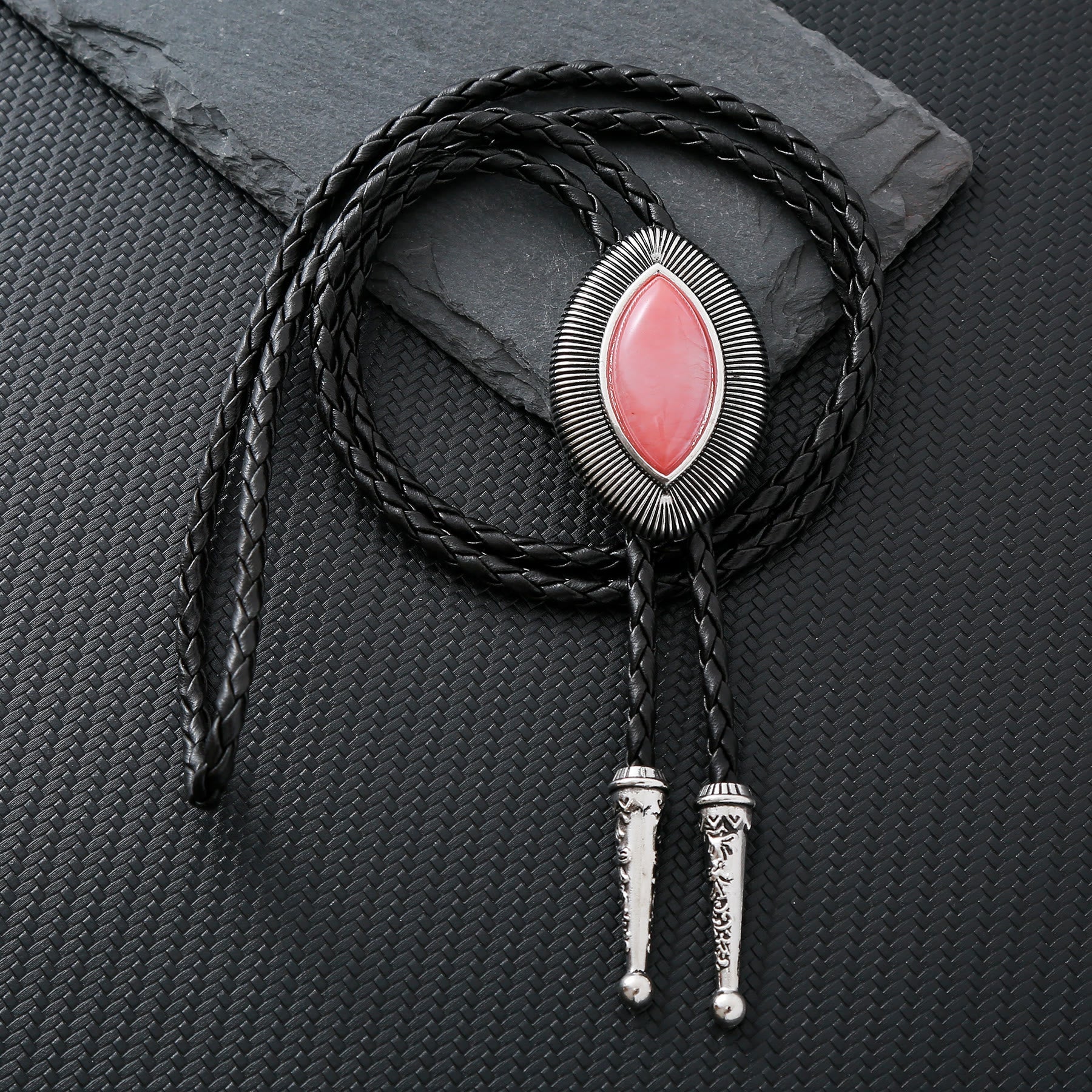 Vintage Antique Twisted Border Oval Cat Eye Stone Bolo Tie
