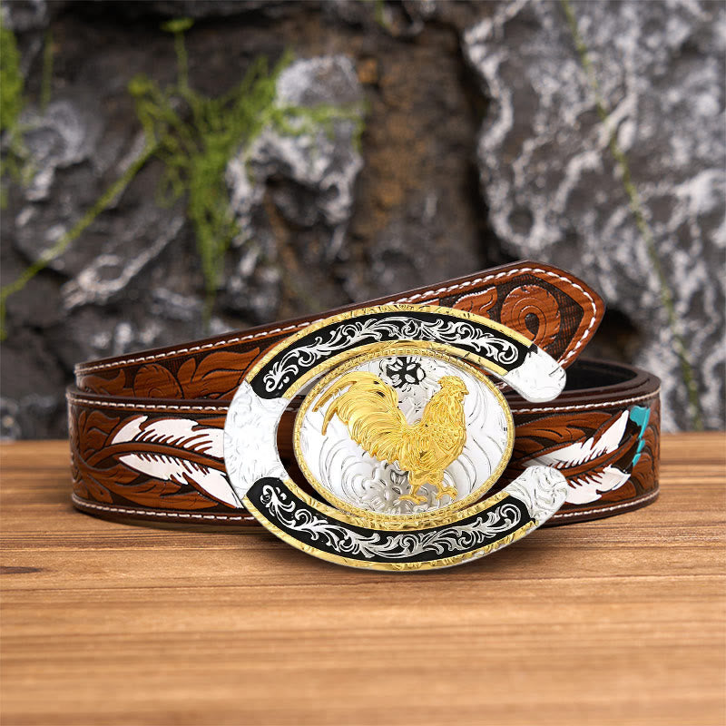 Golden Rooster Horseshoe-Shaped DIY Large Buckle Leather Belt