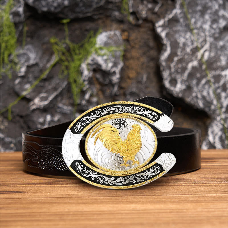 Golden Rooster Horseshoe-Shaped DIY Large Buckle Leather Belt