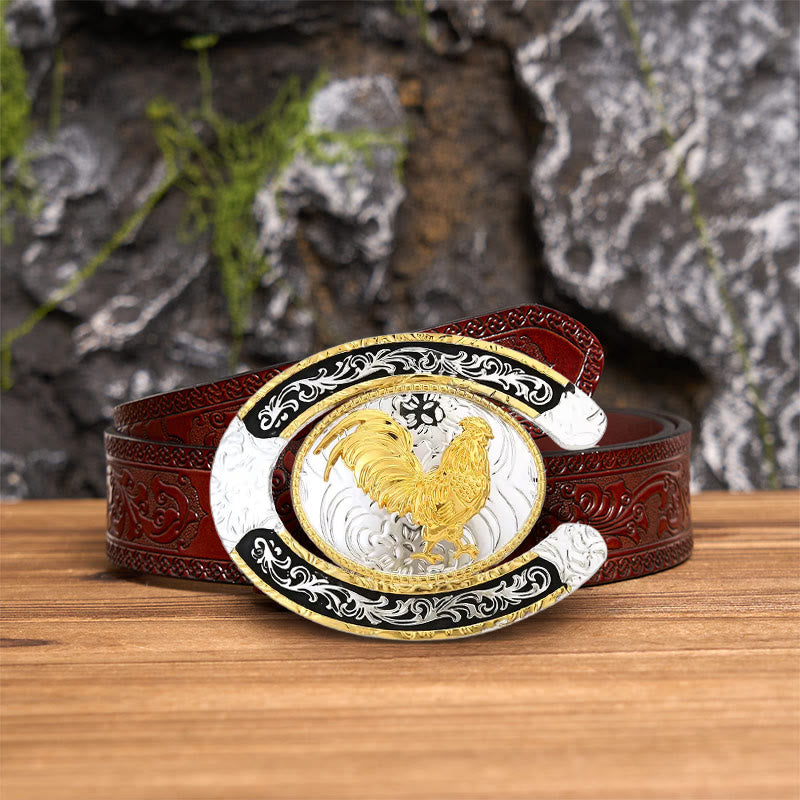 Golden Rooster Horseshoe-Shaped DIY Large Buckle Leather Belt