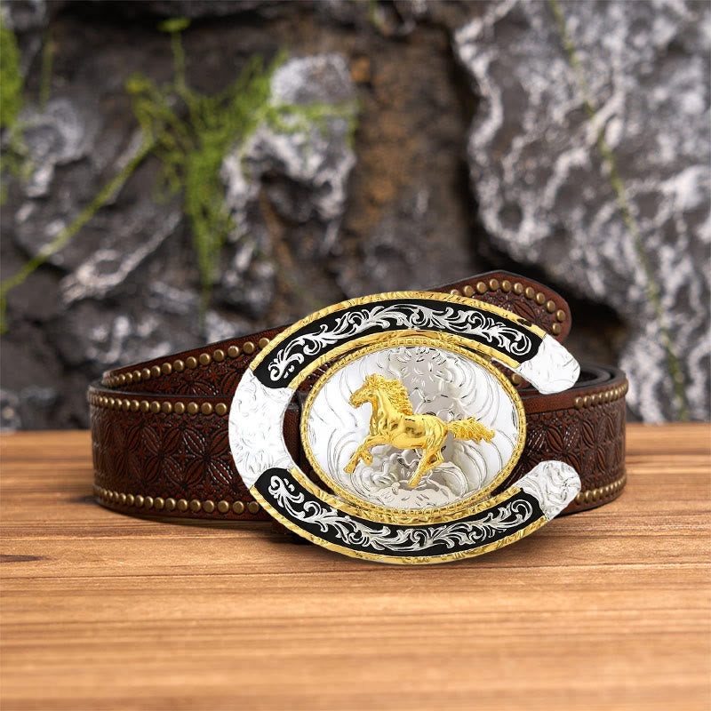Golden Running Horse Horseshoe DIY Large Buckle Leather Belt