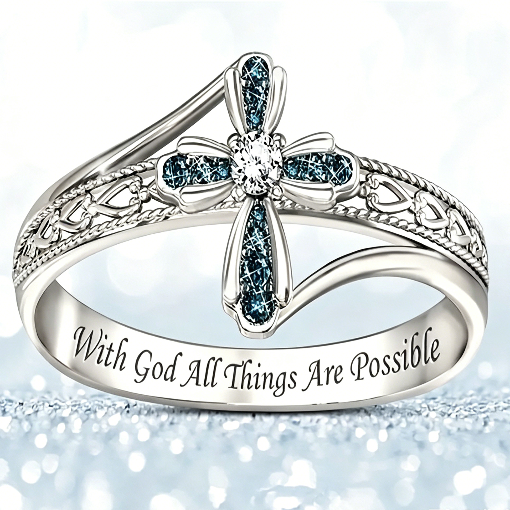 Cross Zircon Ring with Inspirational Engraving