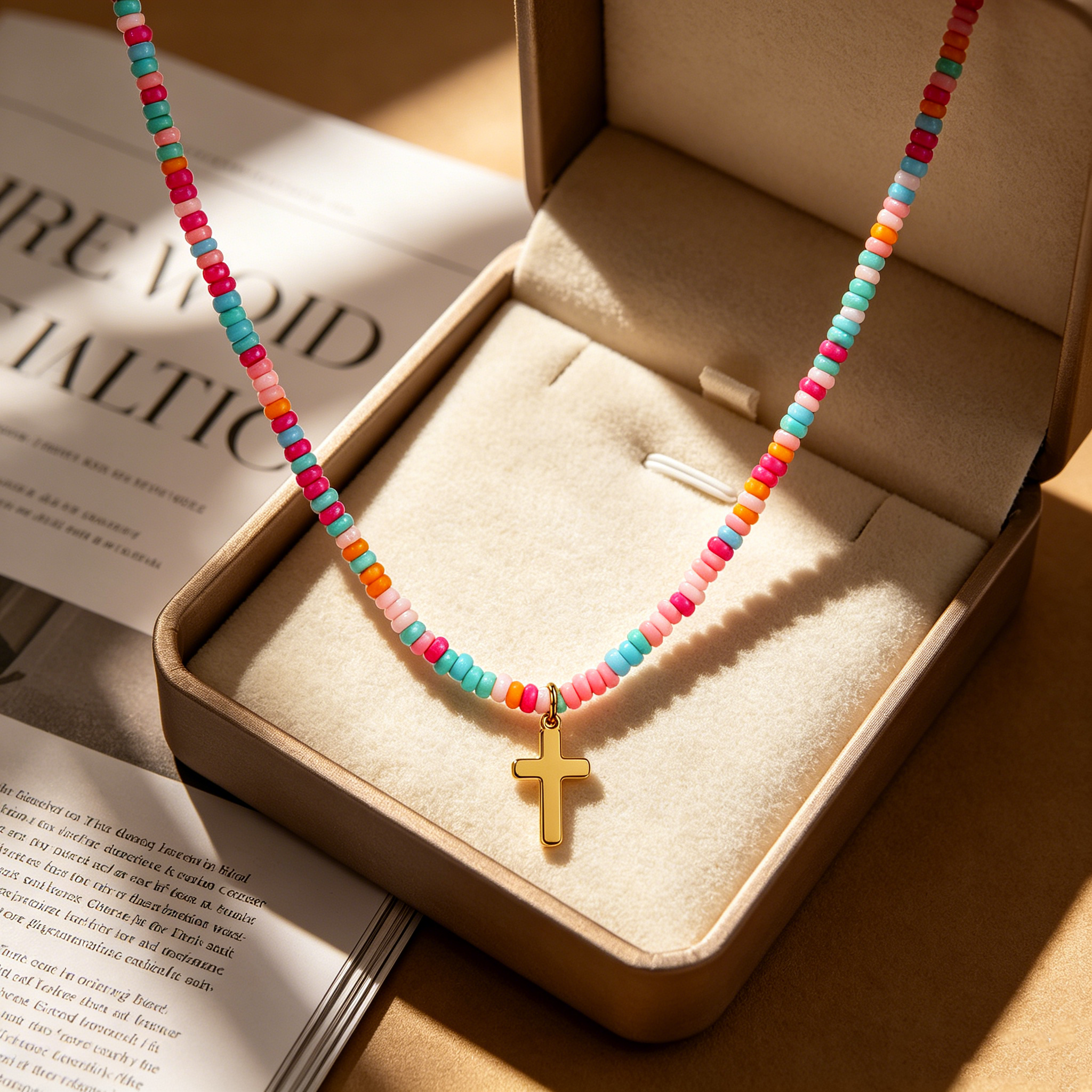Colorful Beaded Cross Pendant Necklace